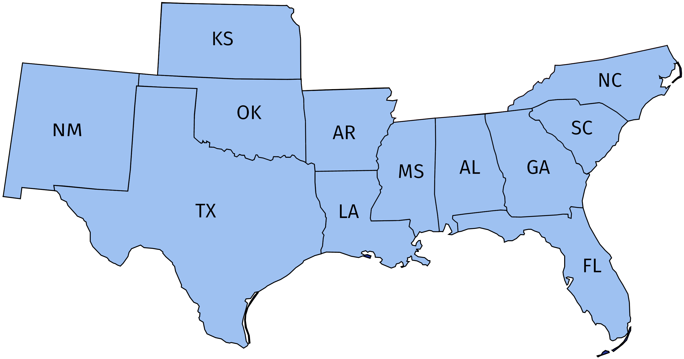Southern Division map of KS, NM, TX, OK, AR, LA, MS, AL, GA, FL, SC, NC